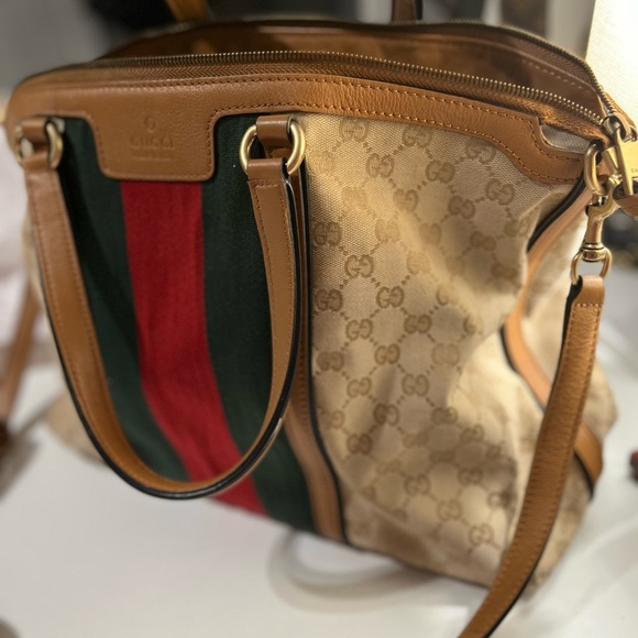 Gucci Beige and Brown Tote with Red and Green Stripe - Picture 2 of 12
